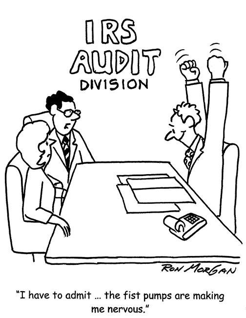 Cartoon: an IRS auditor across a desk from a nervous taxpayer